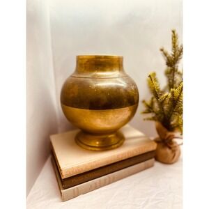 Vintage Solid Brass Urn Vase Pedestal Base Two Tone Aged Gold Decor With Patina